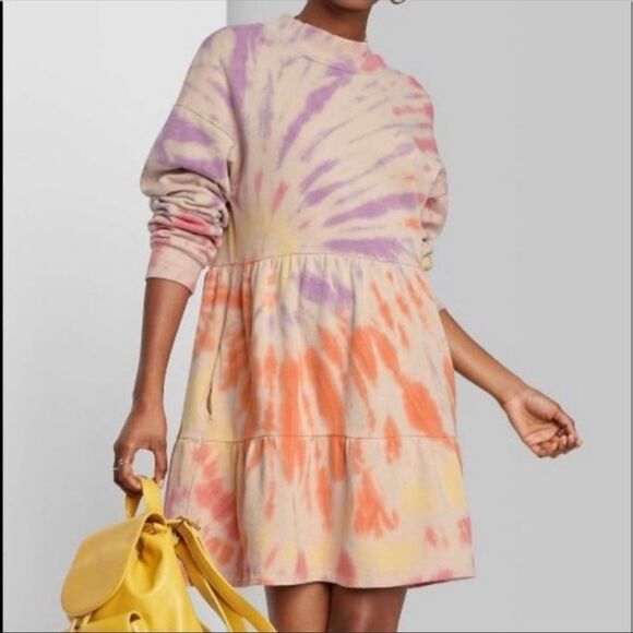 Wild Fable Tie Dye Dress Sweatshirt Mock Neck Long sleeve Pink Purple Small NWT - Picture 1 of 14